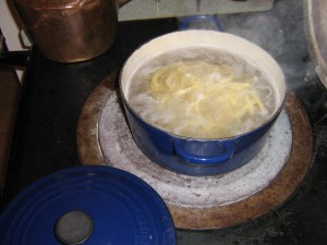 Pasta being cooked on AGA at High Blean B&B Bainbridge Askrigg Yorkshire Dales